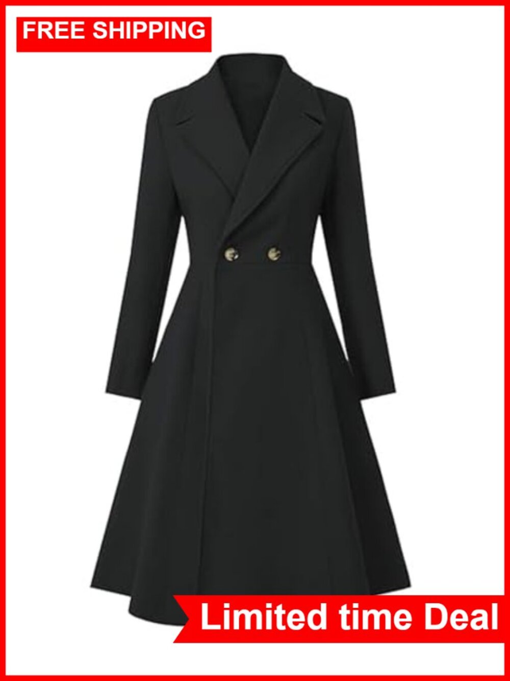 Wool Blend Double Breasted Pea Coat Notch Lapel Swing A Line Long Overcoat
